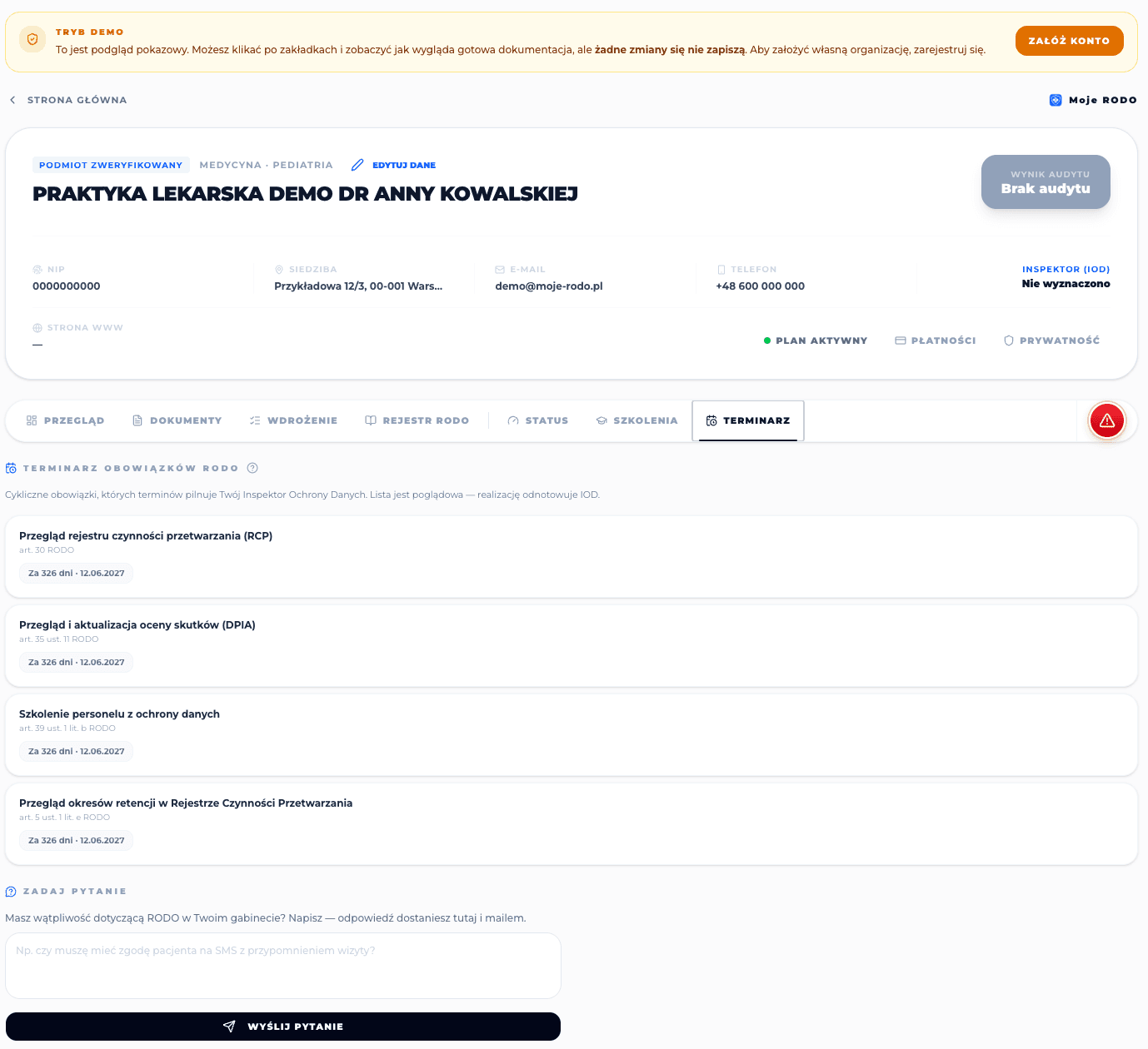 Terminarz obowiązków RODO w aplikacji Moje RODO z terminami i podstawą prawną
